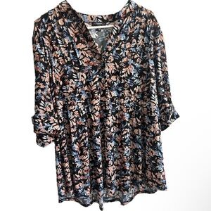 Black Floral V-Neck Roll-Sleeve Tunic with Blush & Blue Leaves